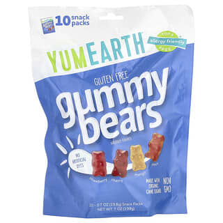 YumEarth, 無麩質小熊軟糖，草莓、櫻桃、芒果和蜜桃味，10 袋，每袋 0.7 盎司（198 克）