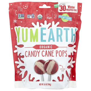 YumEarth, Paletas de bastón de caramelo orgánico, Menta, 30 paletas envueltas para el invierno, 186 g (6,5 oz)