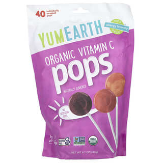 YumEarth‏, סוכריות על מקל עם ויטמין C אורגני, מגוון טעמים, 40 סוכריות על מקל עטופות בנפרד, 248 גרם (8.7 אונקיות)