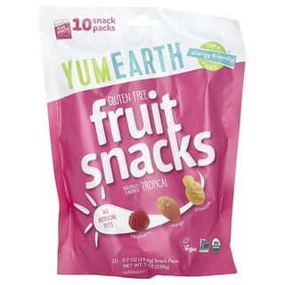 YumEarth, Bocadillos de frutas sin gluten, Tropical, 10 paquetes, 19,8 g (0,7 oz) cada uno