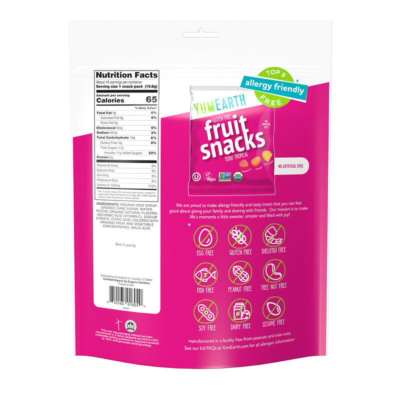 Gluten Free Fruit Snacks, Tropical, 10 Snack Packs, 0.7 oz (19.8 g