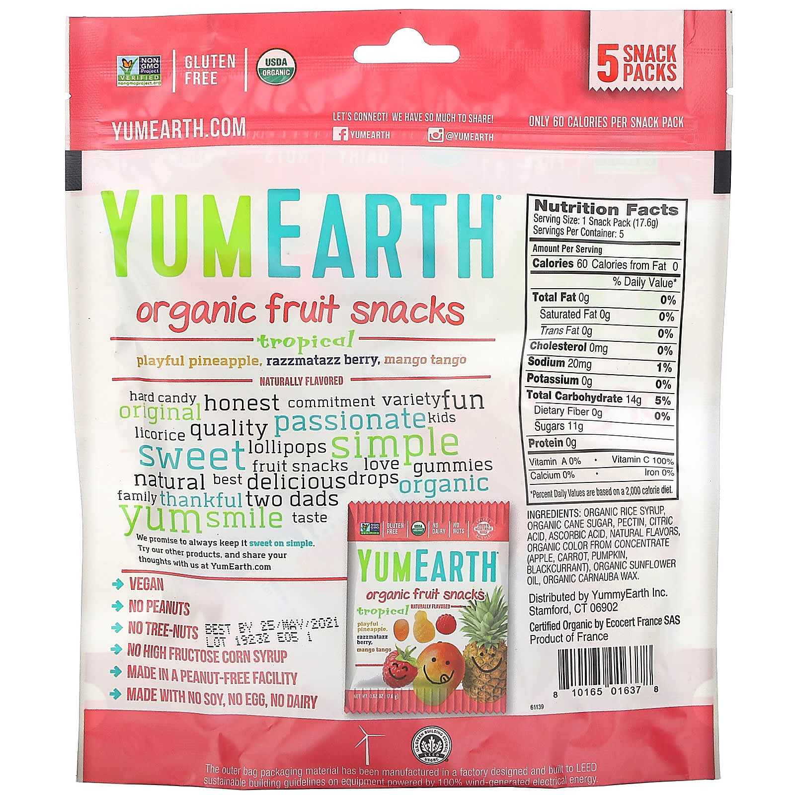 YumEarth, Organic Fruit Snacks, Tropical, 5 Packs, 0.62 oz (17.6 g) Each