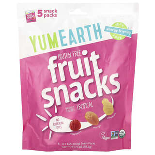 YumEarth, Gluten Free Fruit Snacks, Tropical, 5 Snack Packs, 0.7 oz (19.8 g) Each