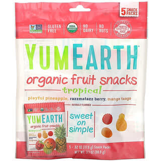 YumEarth, органические фруктовые снеки, тропические фрукты, 5 упаковок, 17,6 г (0,62 унции) в каждой
