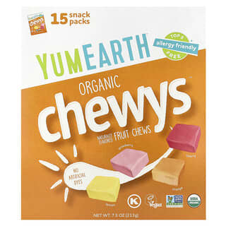 YumEarth, Organic Chewys ™, фруктовые жевательные таблетки, 15 пакетиков для снеков, 14 г (0,5 унции)