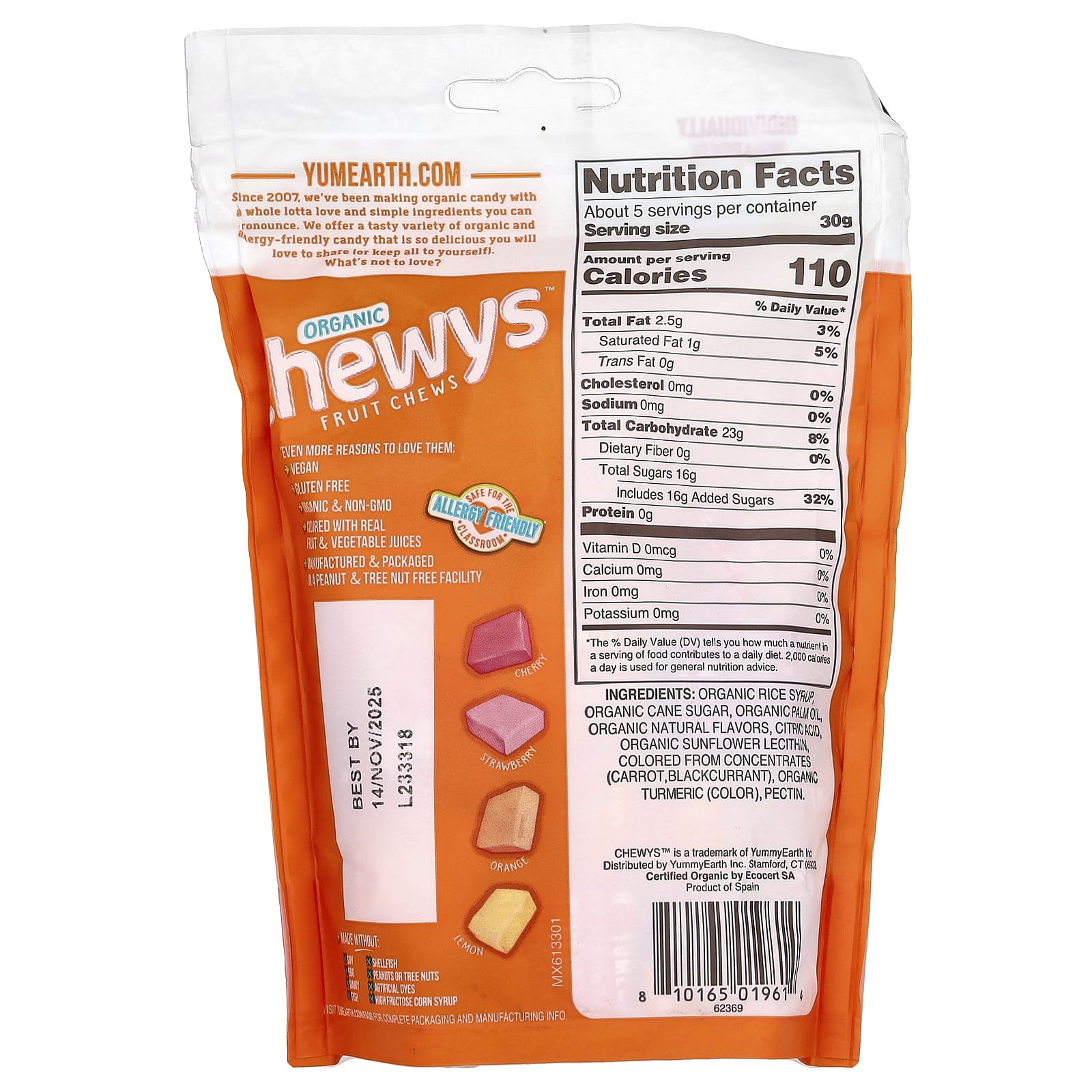 YumEarth, Organic Chewys Fruit Chews, Lemon, Orange, Strawberry, Cherry