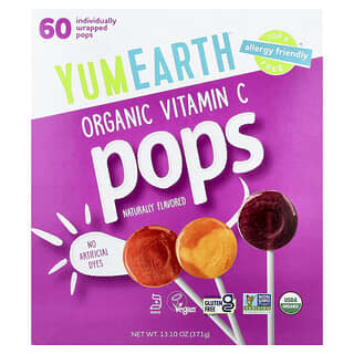 YumEarth, Sucettes à la vitamine C biologiques, Assortiment de saveurs, 60 sucettes emballées individuellement, 371 g  