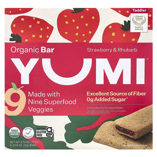 Yumi, Barrita orgánica, Para niños pequeños, Fresa y ruibarbo, 5 barritas, 21 g (0,74 oz) cada una