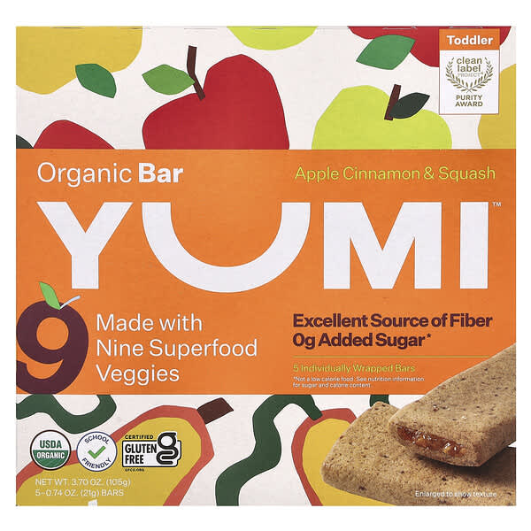 Yumi, 유기농 바, 토들러, 애플 시나몬 & 스쿼시, 바 5개, 각 21g(0.74oz)