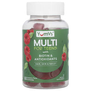 YumV's, Gommes multivitamines pour adolescents à la biotine et aux antioxydants, Framboise, 60 gommes