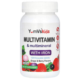YumV's‏, מולטי-ויטמין ומולטי-מינרל עם ברזל, ענבים ופירות יער, 120 טבליות לעיסות
