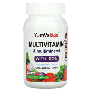 Yum-Vs (يام-فيز)‏, أقراص فيتامينات ومعادن متعددة مع الحديد ، والعنب ، والتوت ، 120 قرصًا قابلًا للمضغ