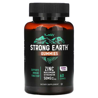 YumV's, Strong Earth, жевательные таблетки, цинк, максимальная сила действия, со вкусом ягод, 50 мг, 60 жевательных таблеток (25 мг в 1 жевательной таблетке)