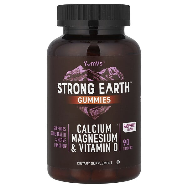 YumVs, strong Earth 구미젤리, 칼슘, 마그네슘 및 비타민D, 라즈베리, 구미젤리 90개