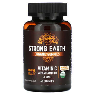 YumV's, Gommes biologiques Strong Earth, Vitamine C avec vitamine D3 et zinc, Mandarine et orange, 60 gommes