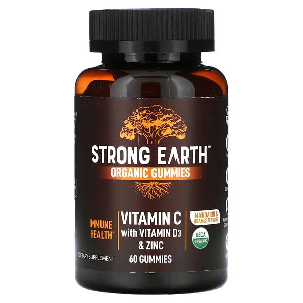 YumV's‏, Strong Earth Organic Gummies, Vitamin C with Vitamin D3 & Zinc, Mandarin & Orange, 60 Gummies