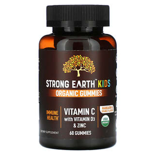 YumV's, Gommes biologiques Strong Earth pour enfants, Vitamine C, vitamine D3 et zinc, Mandarine et orange, 60 gommes