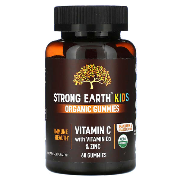 YumV's, Strong Earth 兒童有機軟糖，含維生素 C、維生素 D3 和鋅，柑橘和柳丁味，60 粒