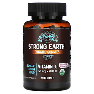 YumV's‏, סוכריות גומי Strong Earth Organic, ויטמין D3, בטעם תות פטל, 2,000 יחב"ל, 60 סוכריות גומי (25 מק"ג (1,000 יחב"ל) לכל סוכריית גומי)