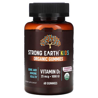 YumV's, Strong Earth Kids Organic Gummies, Vitamin D3, Strawberry & Raspberry, 25 mcg (1,000 IU), 60 Gummies