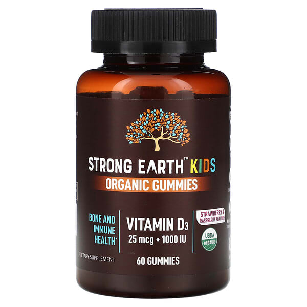 YumV's, Strong Earth Kids Organic Gummies, Vitamin D3, Strawberry &amp; Raspberry, 25 mcg (1,000 IU), 60 Gummies
