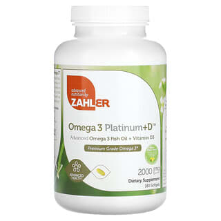 Zahler, Omega 3 Platinum+D, Advanced Omega 3 Fish Oil + Vitamin D3, 1,000 mg, 180 Softgels