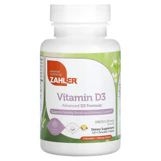 Zahler, Vitamina D3, Fórmula avanzada D3, Naranja, 25 mcg (1000 UI), 120 comprimidos masticables