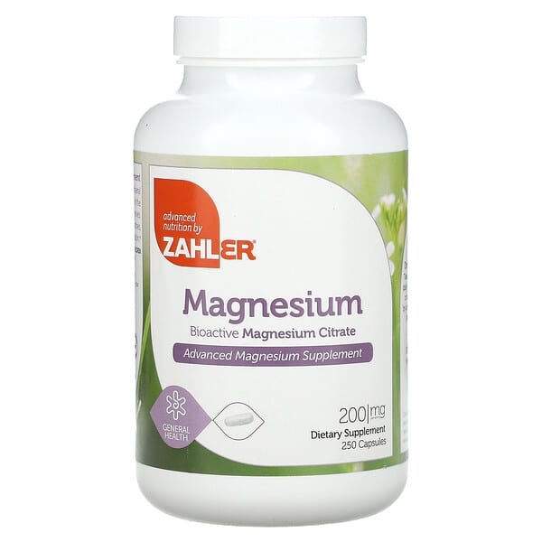 Zahler, Magnesio, Citrato de magnesio bioactivo, 200 mg, 250 cápsulas