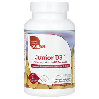 Zahler, Júnior D3, Fórmula Avançada de Vitamina D3, Laranja, 25 mcg (1.000 UI), 250 Comprimidos Mastigáveis
