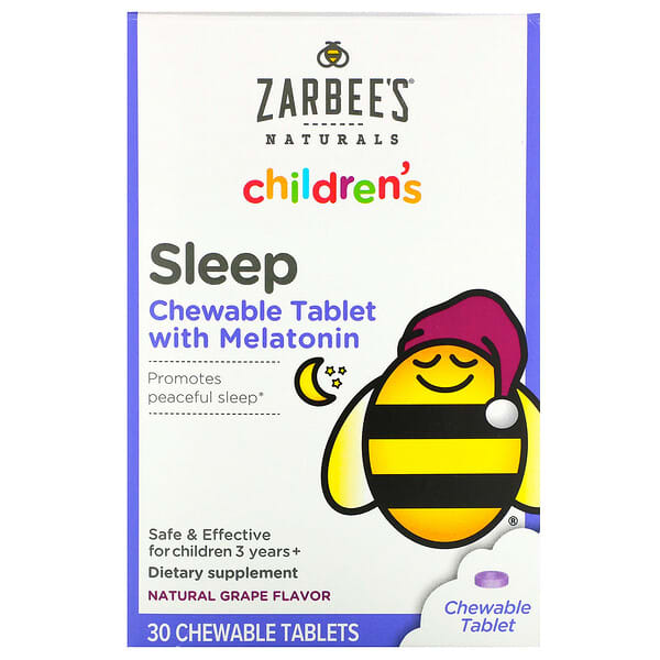 Zarbee's‏, Children's, שינה עם תוסף מלטונין, עבור ילדים בגיל 3 שנים ומעלה, בטעם ענבים טבעי, 30 טבליות לעיסות