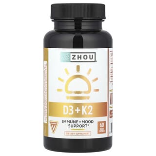 Zhou Nutrition, D3 + K2, Nahrungsergänzungsmittel mit Vitamin D3 und K2, 60 pflanzliche Kapseln