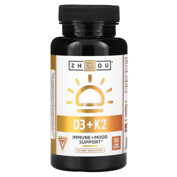 Zhou Nutrition, K2 + D3 ให้การบำรุงแบบ 2 อิน 1 บรรจุแคปซูลผัก 60 แคปซูล