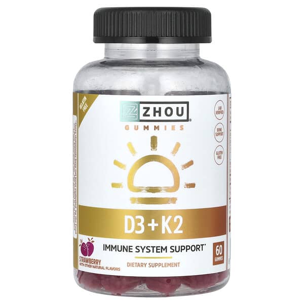 Zhou Nutrition D3 + K2 Gummies, Strawberry, 60 Gummies
