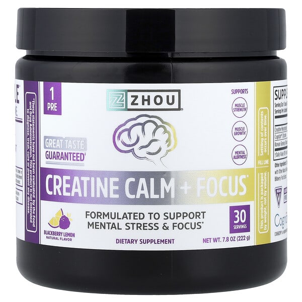 Zhou Nutrition, 크레아틴 캄 + 집중력, 블랙베리 레몬, 222g(7.8oz)