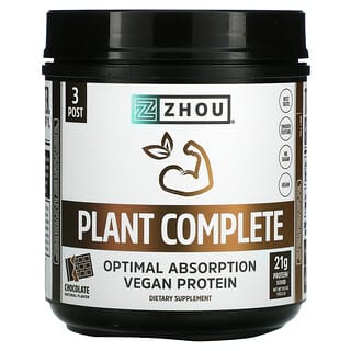Zhou Nutrition, Plant Complete, Proteína vegana de absorción óptima, Chocolate, 563,2 g (19,9 oz)