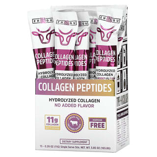 Zhou Nutrition, Collagen Peptides, гидролизованный коллаген, без добавок, 15 шт. Стиков, 11 г (0,39 унции) каждый
