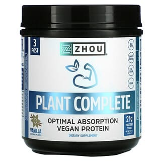 Zhou Nutrition, Plant Complete, Proteína vegana de absorción óptima, Vainilla, 500,8 g (17,7 oz)