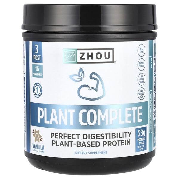 Zhou Nutrition Plant Complete, Perfect Digestibility Plant-Based Protein, Vanilla, 19 oz (544 g)