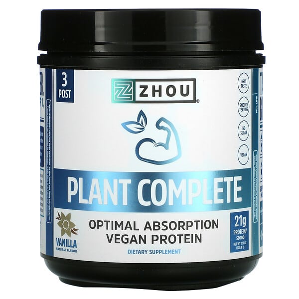 Zhou Nutrition, Plant Complete, 옵티멀 흡수 비건 단백질, 바닐라, 500.8g(17.7oz)
