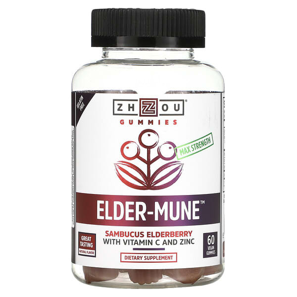 Zhou Nutrition, Max Strength Elder-Mune, Sambucus Elderberry, 60 Vegan Gummies