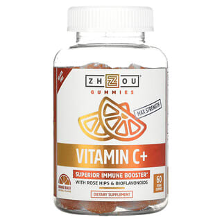 Zhou Nutrition, فيتامين C للقوة العظمى + معزز المناعة الأفضل، برتقال منعش، 60 جاميز نباتية 