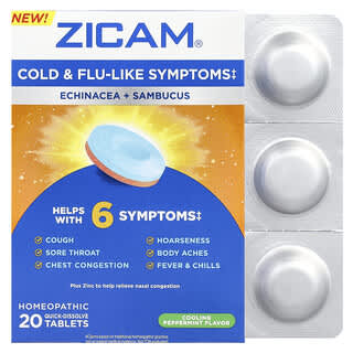 Zicam, Echinacea + Sambucus, chłodząca mięta pieprzowa, 20 tabletek szybko rozpuszczających się