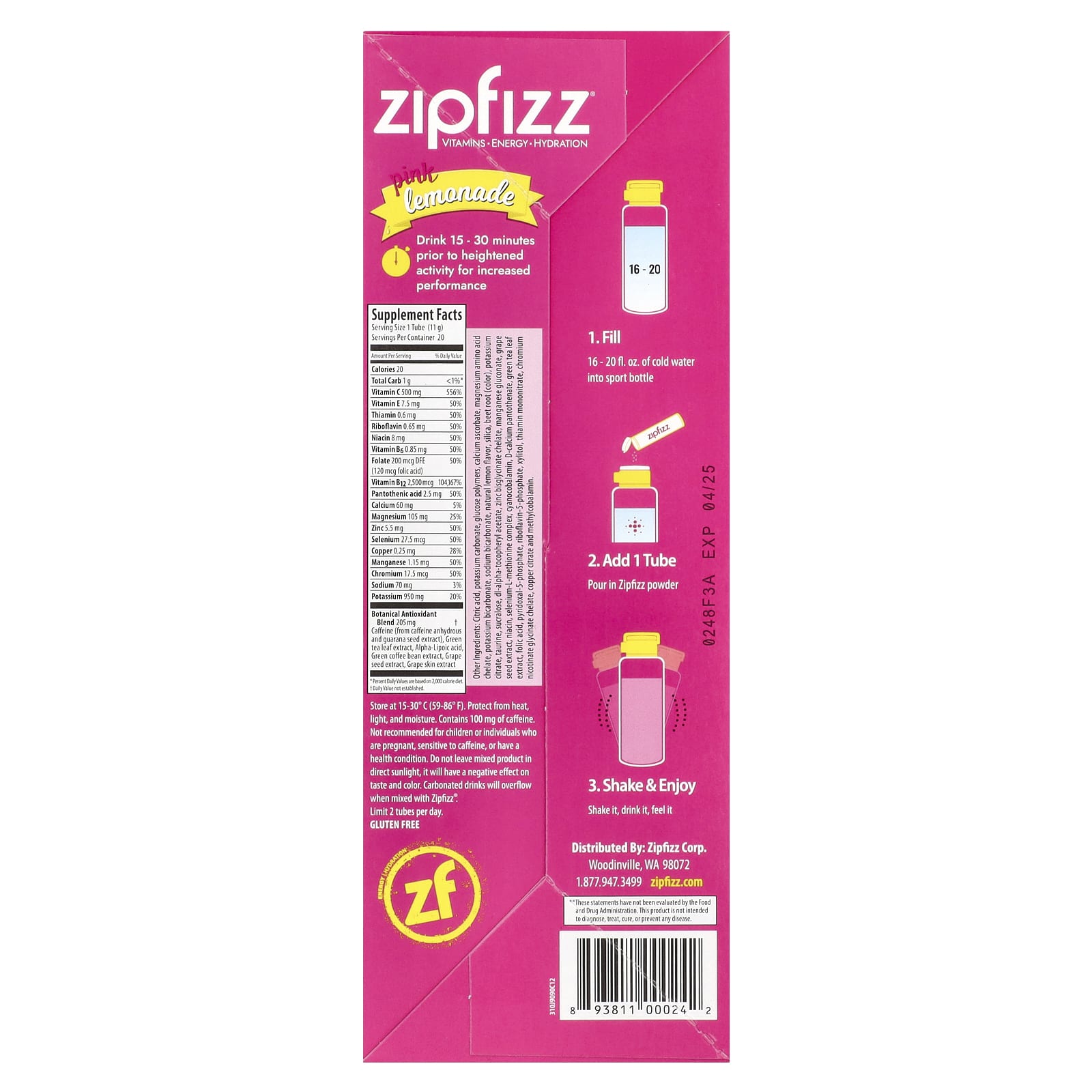 Zipfizz, Energy Drink Mix, Pink Lemonade, 20 Tubes, 0.39 oz (11 g) Each