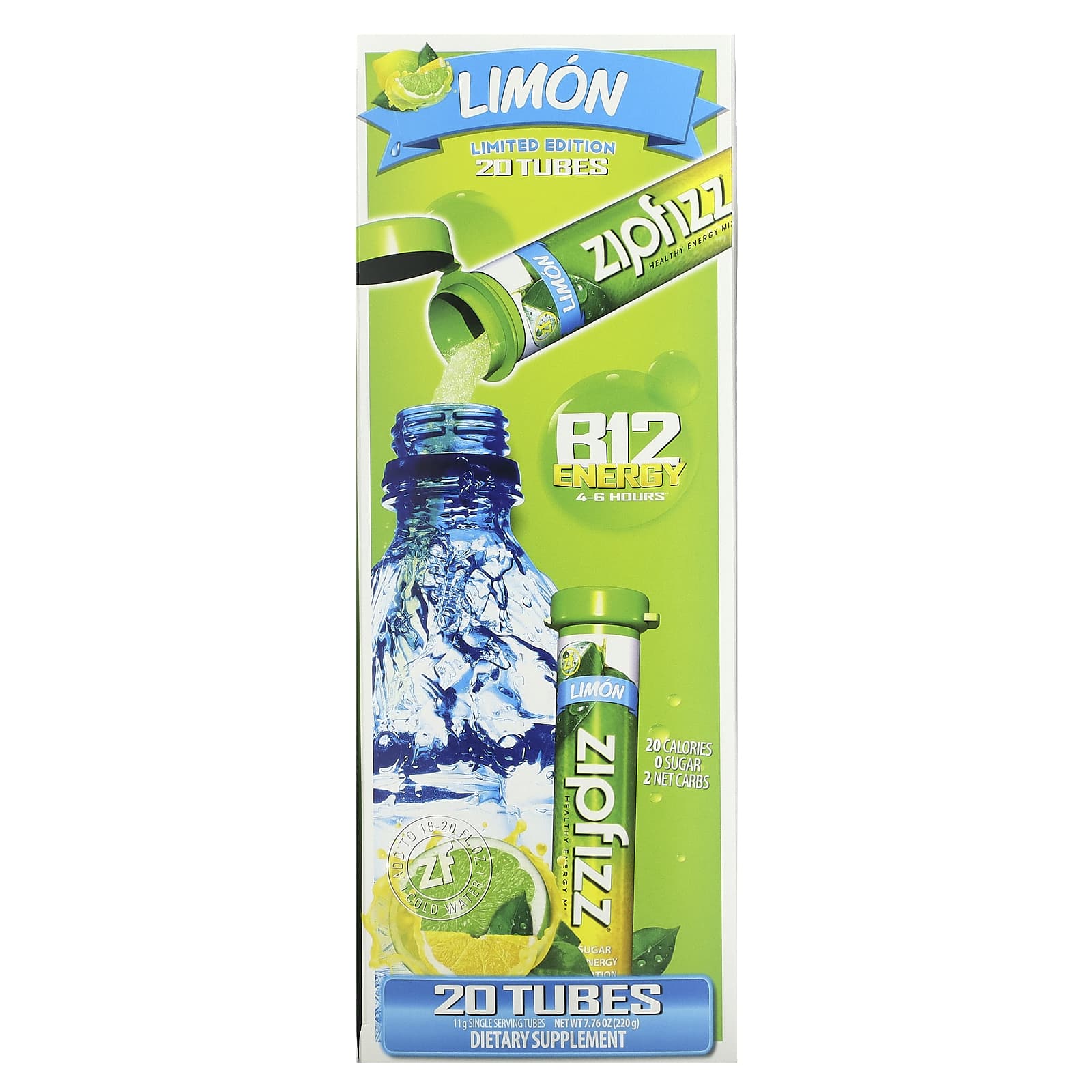 Zipfizz, Healthy Energy Mix with Vitamin B12, Limon, 20 Tubes, 0.39 oz