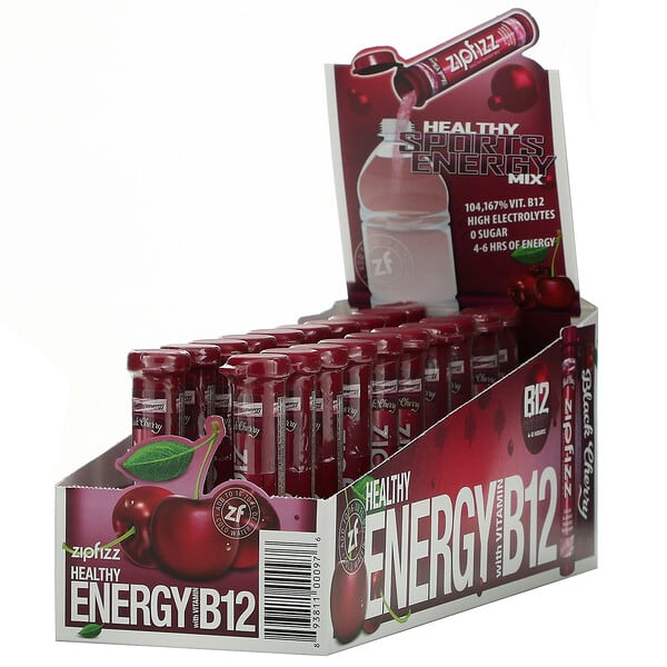 Zipfizz, Mezcla energética para deportistas saludables con vitamina B12, Cereza negra, 20 tubos, 11 g (0,39 oz) cada uno