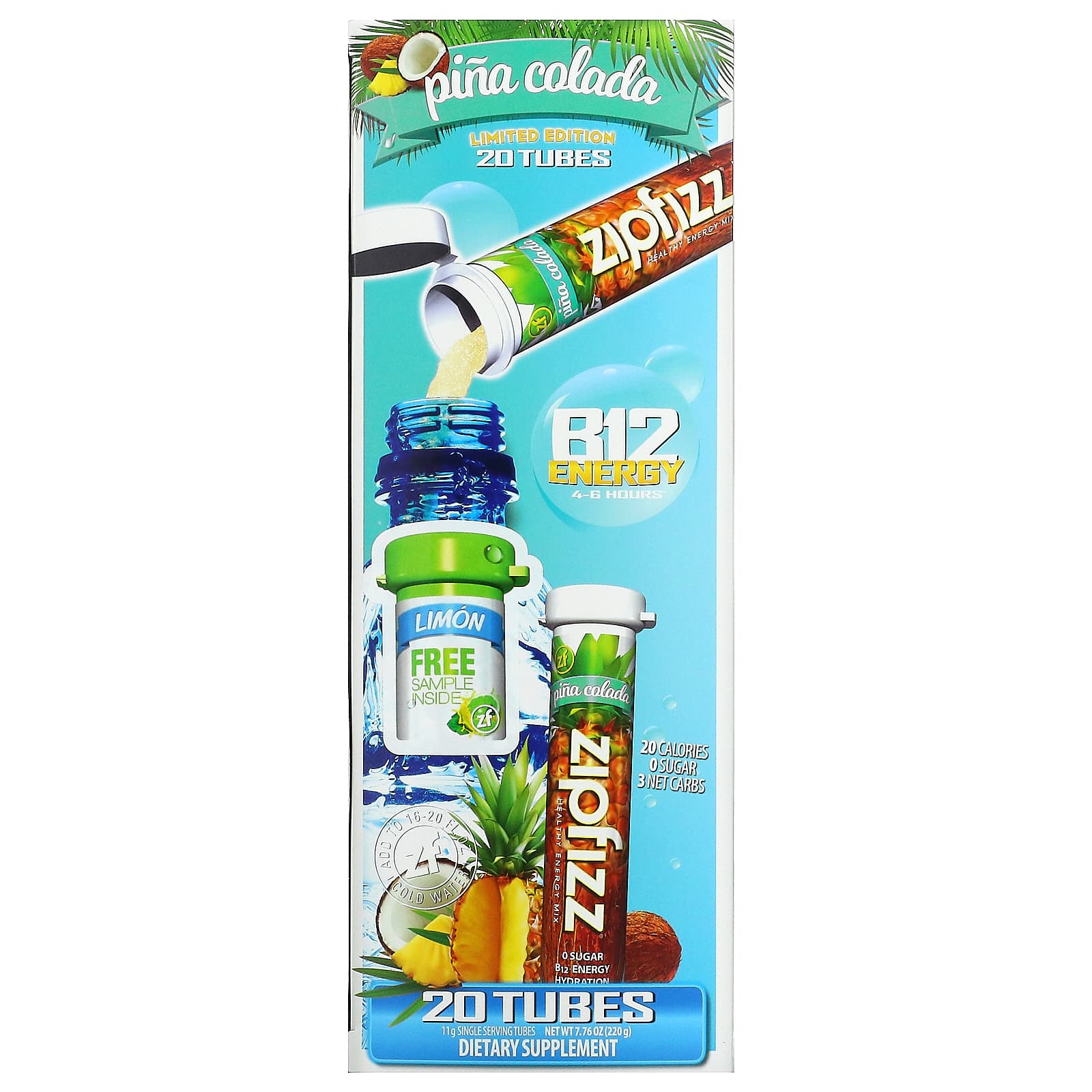 Zipfizz, Energía saludable con vitamina B12, Piña colada, 20 tubos de