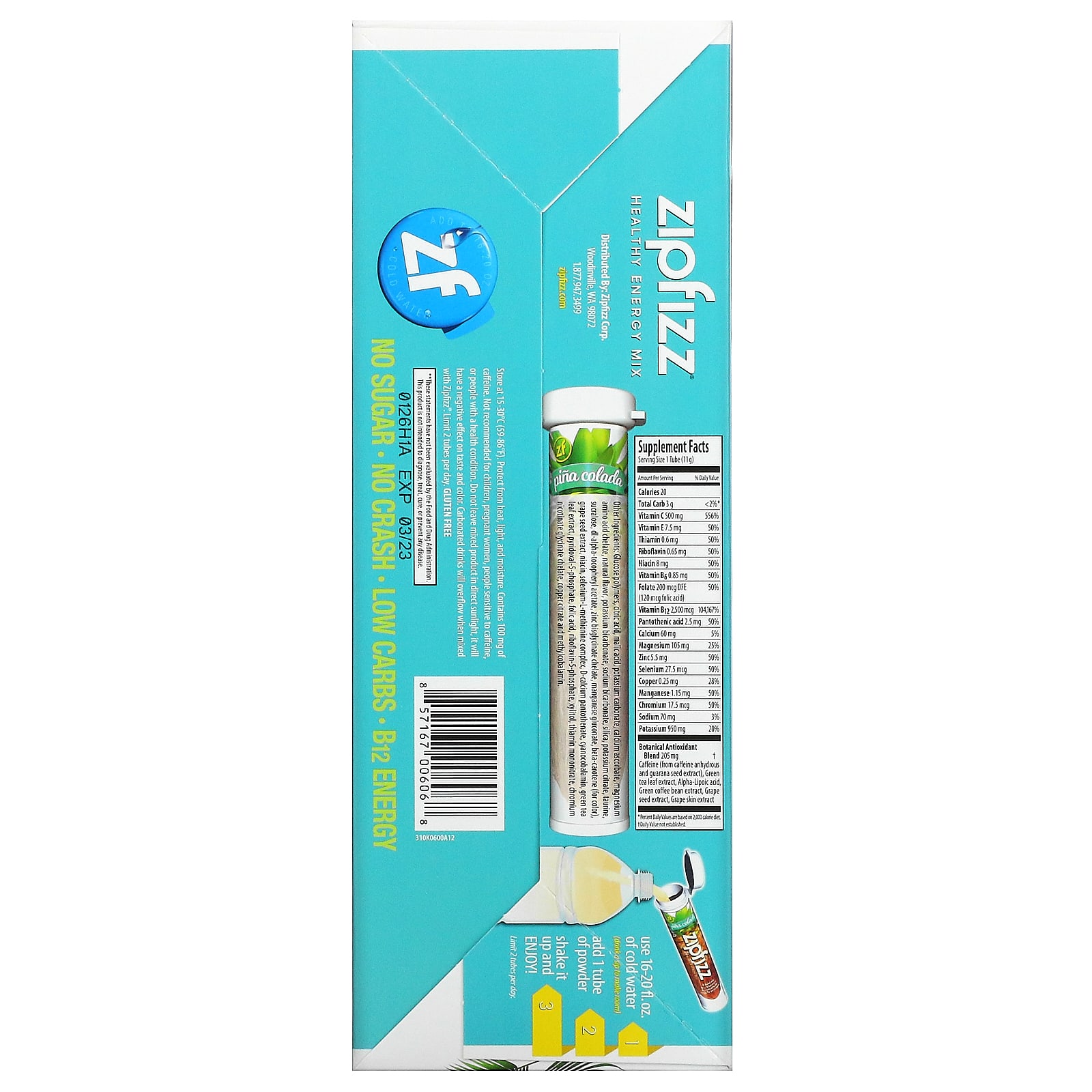 Zipfizz, Healthy Energy With Vitamin B12, Pina Colada, 20 Tubes, 0.39