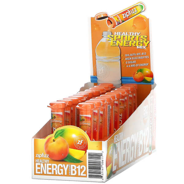 Zipfizz, Mezcla energética para deportistas saludables con vitamina B12, melocotón y mango, 20 tubos, 11 g (0,39 oz) cada uno