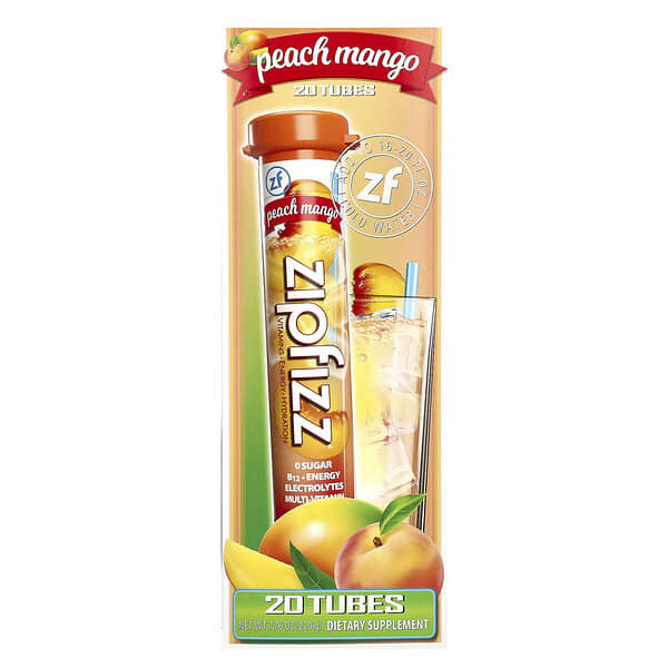 Zipfizz, 含維生素 B12 的健康運動營養粉，桃子芒果味，20 管，每管 0.39 盎司（11 克）