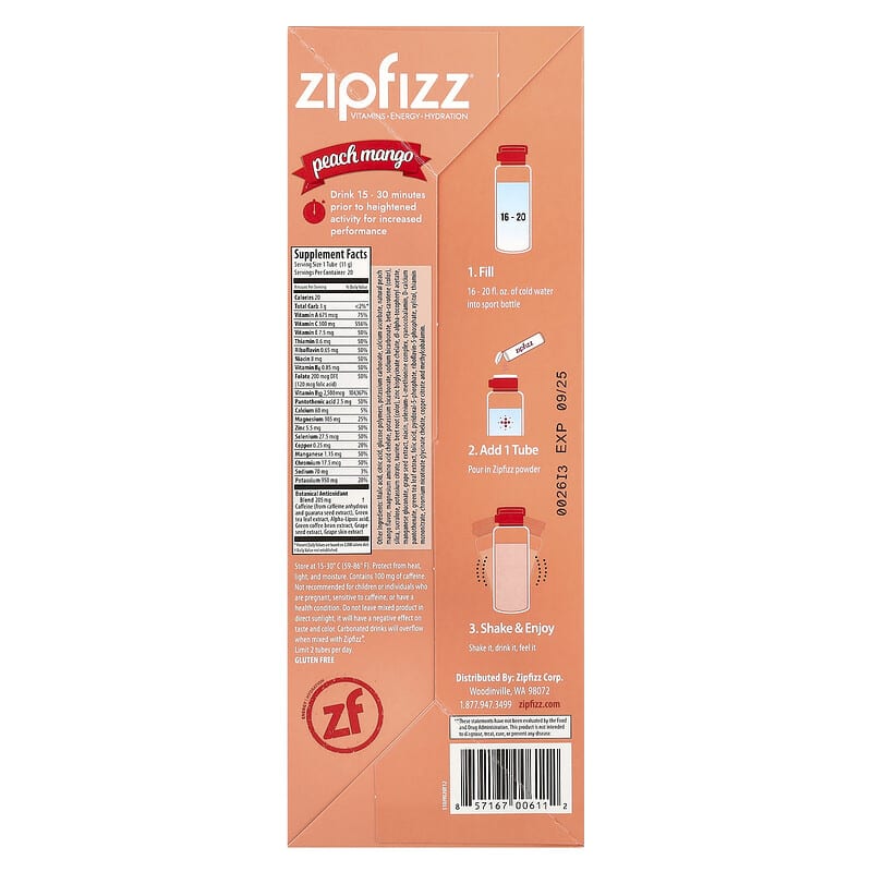 Peach Energy Drink Mix, Peach Mango, 20 Tubes, 0.39 oz (11 g) Each